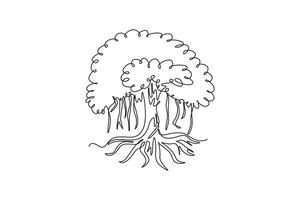 Single continuous line drawing shady and leafy banyan tree. Decorative ficus benghalensis plant concept for wall decor home art poster print. Dynamic one line draw graphic design illustration vector