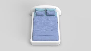 white bed with blue bedspread top view, white backdrop from front photo