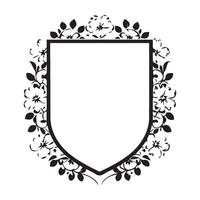 A black and white illustration of a shield with flowers vector