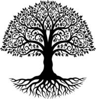 A tree with roots and leaves in black and white vector