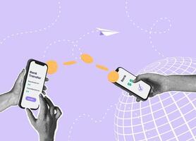 Trendy halftone collage. Mobile payment concept, payment, transfer money wirelessly with mobile app. Online banking vector