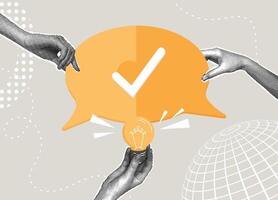 Trendy halftone collage. Concept of business discussion, joint decision, idea, speech bubble with solution found. vector