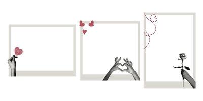 Trendy halftone collage with photo frames. Instant photo frame template concept with halftone stickers , photo album, memories, love. vector