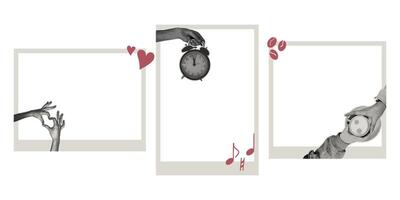 Trendy halftone collage with photo frames. Concept template for instant photo frame with halftone stickers, coffee together, time to relax,photo album, memories, love. vector