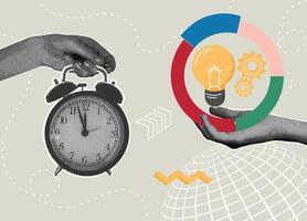 Trendy halftone collage. Concept of planning, time management, efficiency, productivity, delegating tasks, schedule management vector