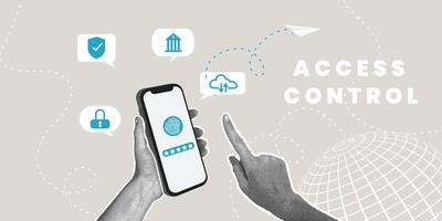 Trendy halftone collage. Biometric data protection concept, security access to financial data , fingerprint scan access, biometric cybersecurity system, privacy for data protection vector