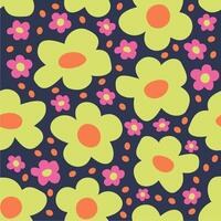 Seamless flat floral pattern. Green and pink flowers on a dark botanical background. wrapping, texture, textile, illustration vector