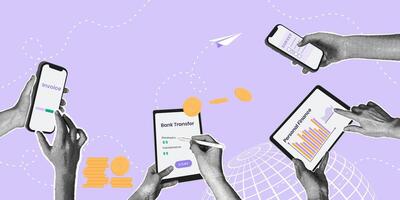 Trendy halftone collage. Concept of using Online banking,mobile payments, transfer money to card, app review, savings, payment vector