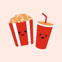 Popcorn and soda character illustration. Cute mascot with happy face vector