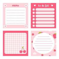 Cute notes daily planner and to do list with strawberry and cherry illustration. Pink journal memo vector