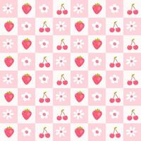 Seamless pattern strawberry, cherry, flower. Pink texture, textile, wrapping square background. Cute illustration vector