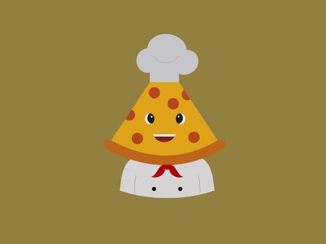 This image features a cartoon illustration of a chef with the unique twist of the chef hat being shaped like a slice of pizza vector
