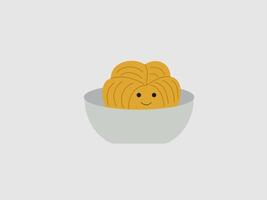 This image features a cartoon illustration of cooked noodles in a gray bowl vector