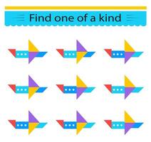 Educational game for kids. Need to find one of a kind airplane. Visual intelligence. vector
