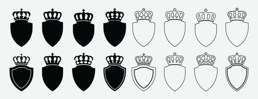 Royal Crown Shield Silhouette Set. Black Shield and Crown Icons. Crest and Shield Badge Icons. vector