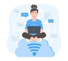 Programmer Woman Sitting on the Cloud Computing Symbol and Process Coding for Software Development Concept Illustration vector