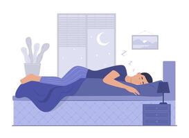 Man Hugging a Pillow and Sleeping in Bed at Night vector