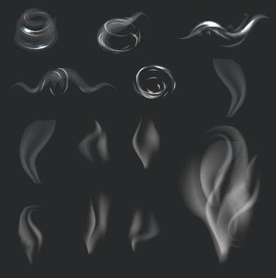 Candle smoke, vapor or mist from blowing out flames from wick. realistic smoky cloud or gaze effects, small puff or fume swirls, isolated on background