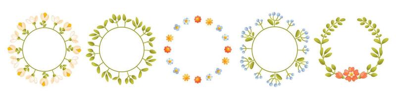 Set of floral spring, summer wreaths. Round floral frame with floral arrangements, with green leaves, empty space for text. Trendy greenery in botanical style in rustic style vector