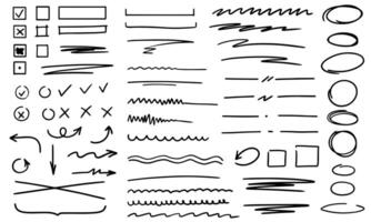 A set of highlights, arrows, underlines, and hand-drawn underlines. A set of selection boxes, check marks, and crosses. A set of ellipses, rectangles, squares, ovals, and marks. vector