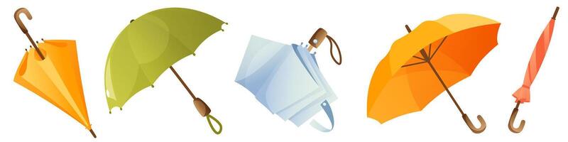 Set of open, closed, folded, closed umbrellas of different colors. Rain umbrellas for rainy weather, protective accessories of different types on a white background. vector