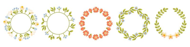 Set of floral spring, summer wreaths. Round floral frame with floral arrangements, with green leaves, empty space for text. Trendy greenery in botanical style in rustic style vector
