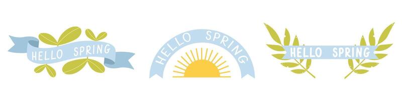 Set of templates, icons, logos with green leaves, ribbon, and text Hello Spring. illustration for greeting cards, invitations, banners vector