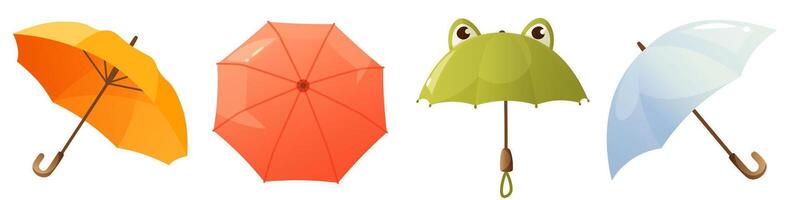 Set of open, closed, folded, closed umbrellas of different colors. Rain umbrellas for rainy weather, protective accessories of different types on a white background. vector