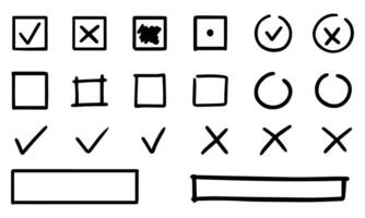 A set of hand-drawn selection elements, check marks, crosses. Option column, check the box next to it, make a choice, refuse. Black linear set. vector