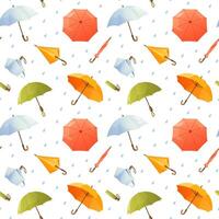 Seamless pattern with open and folded umbrellas of different colors, raindrops. Waterproof umbrellas with handles, pattern of umbrellas of different designs. Spring time, rainy weather. vector