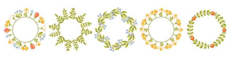 Set of floral spring, summer wreaths. Round floral frame with floral arrangements, with green leaves, empty space for text. Trendy greenery in botanical style in rustic style vector