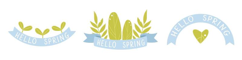 Set of templates, icons, logos with green leaves, ribbon, and text Hello Spring. illustration for greeting cards, invitations, banners vector