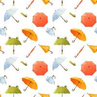Seamless pattern with open and folded umbrellas of different colors for protection from rain. Waterproof umbrellas with handles, pattern of umbrellas of different designs. Spring time, rainy weather. vector