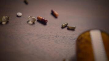 A Collection of Various Pills and Capsules Arranged Neatly on a Wooden Surface For Display video