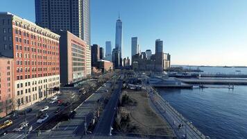 Enjoy stunning views of the Manhattan skyline with the Freedom Tower and Hudson River video