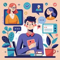 people working on laptops and phones with social icons white background vector