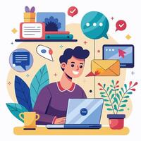 a man is working on his laptop with a bunch of icons around white background him vector