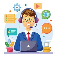 call center operator with headset and laptop on desk white background vector