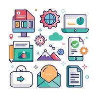 a set of icons that include a laptop, phone, and other items white background vector