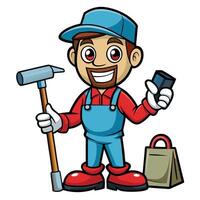 a cartoon man holding a hammer and a shopping bag vector