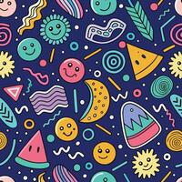 a colorful pattern with various objects and faces white background vector