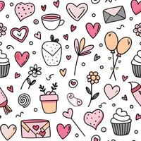 a seamless pattern with hearts, cupcakes and other items vector