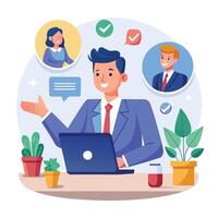 businessman working on laptop with chat icons and other icons vector