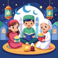 three children are reading a book in front of a mosque vector
