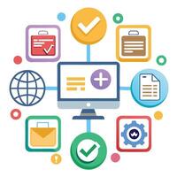 a computer screen surrounded by icons and icons vector