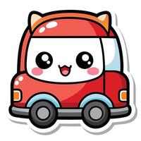 a sticker of a cute red car with eyes white background vector