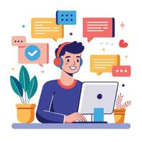 a man is working on a computer with chat bubbles around h white backgroundim vector