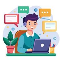 a man is working on his laptop with speech bubbles around white background him vector