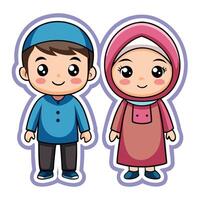 cartoon muslim boy and girl, standing white background vector
