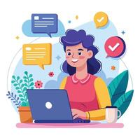 a woman is working on her laptop with chat bubbles around white background white background white background white background white background white background her vector